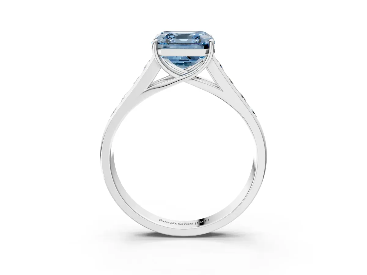 Fancy Blue Asscher Cut Brilliant Channel-Set Solitaire Ring with Four-Prong Setting Platinum