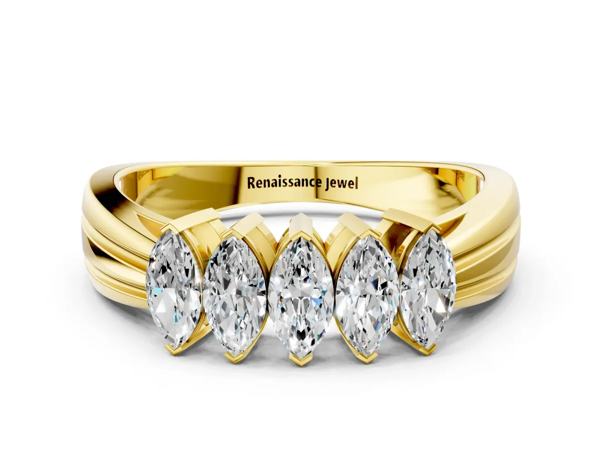 Five-Stone Marquise Diamond Split Shank Ring with Shared Prong Setting Yellow gold