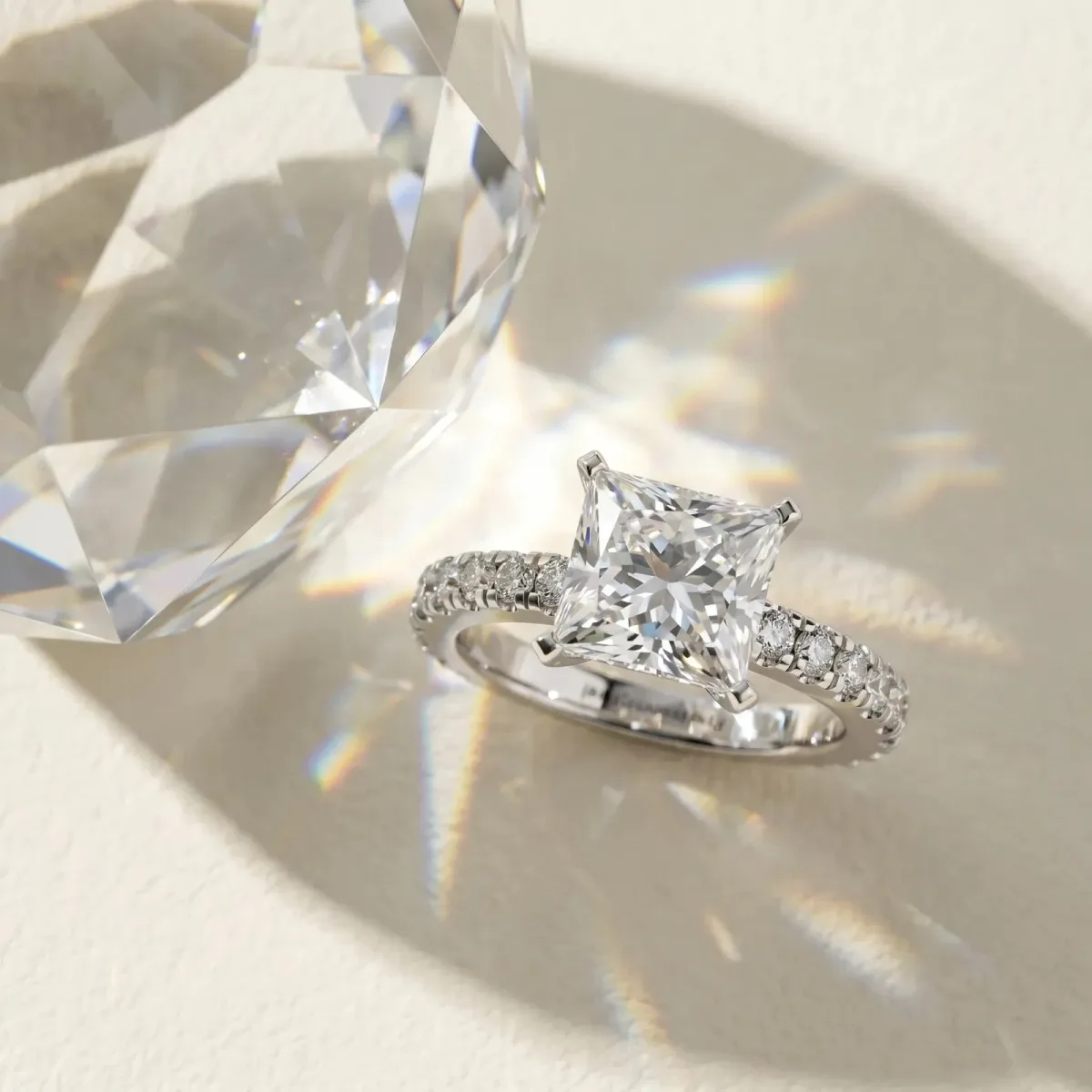 Princess Cut Solitaire Diamond with Pavé Band and Four-Prong Setting Silver