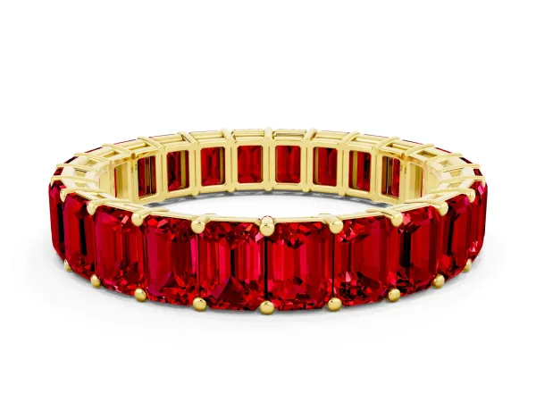 Emerald Cut Ruby Eternity Band with Shared Prong Setting Yellow gold