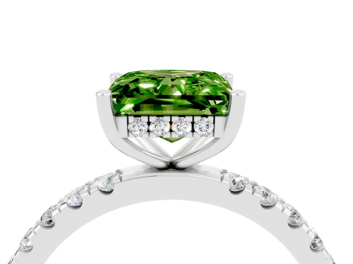 Princess Cut Peridot Pave Band Solitaire Ring with Round and Prong Setting Platinum