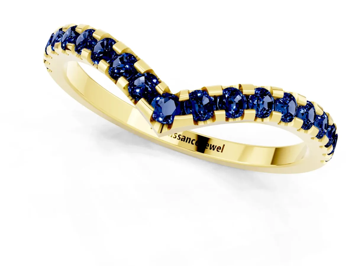 Pavé Round Blue Sapphire Chevron Band with Shared Prong Setting Yellow gold