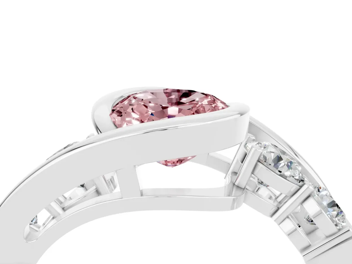 Bezel Set Oval Cut Morganite Bypass Ring with Round Accents Silver