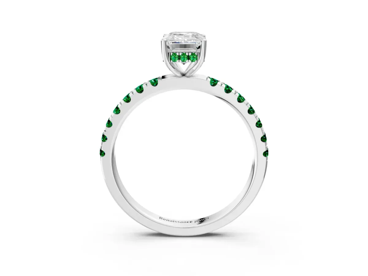 Emerald Cut Diamond Pave Band Solitaire Ring with Round Emerald and Prong Setting Silver