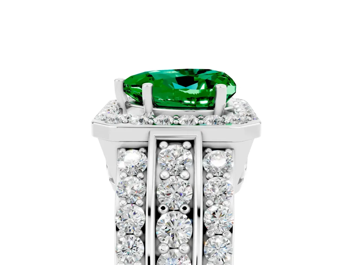 Heart Cut Halo Emerald Ring with Round Split Shank and Prong Setting Platinum