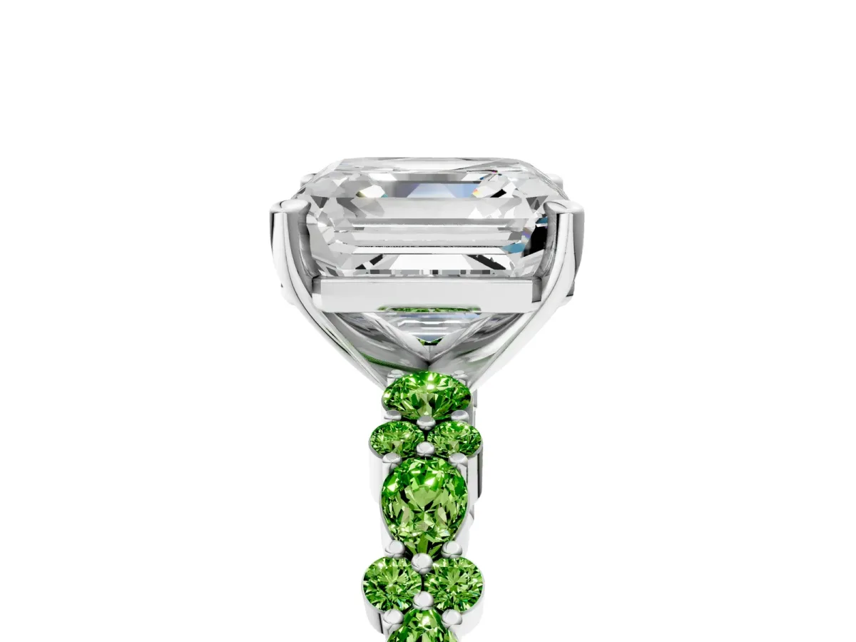 Asscher Cut Diamond Side Stone Solitaire Ring with Round Peridot and Four-Prong Setting Platinum
