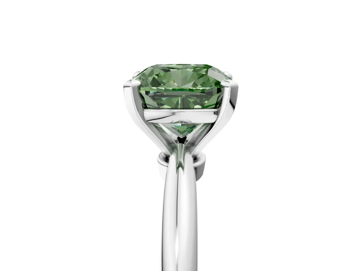 Fancy Green Cushion Cut Diamond Solitaire Ring with Six-Prong Setting and Classic Band Silver