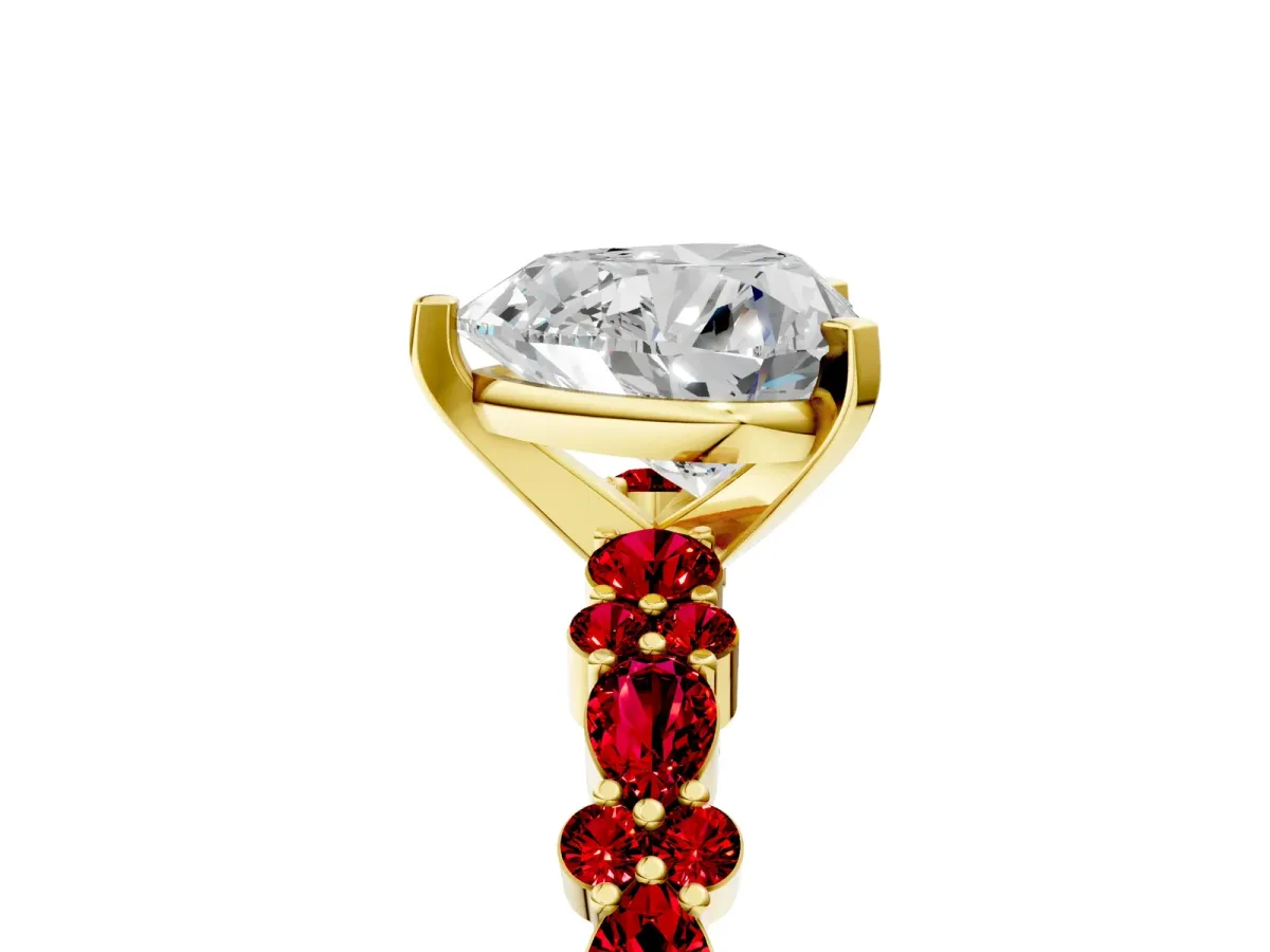 Heart Cut Diamond Side Stone Solitaire Ring with Round Ruby and Four-Prong Setting Yellow gold