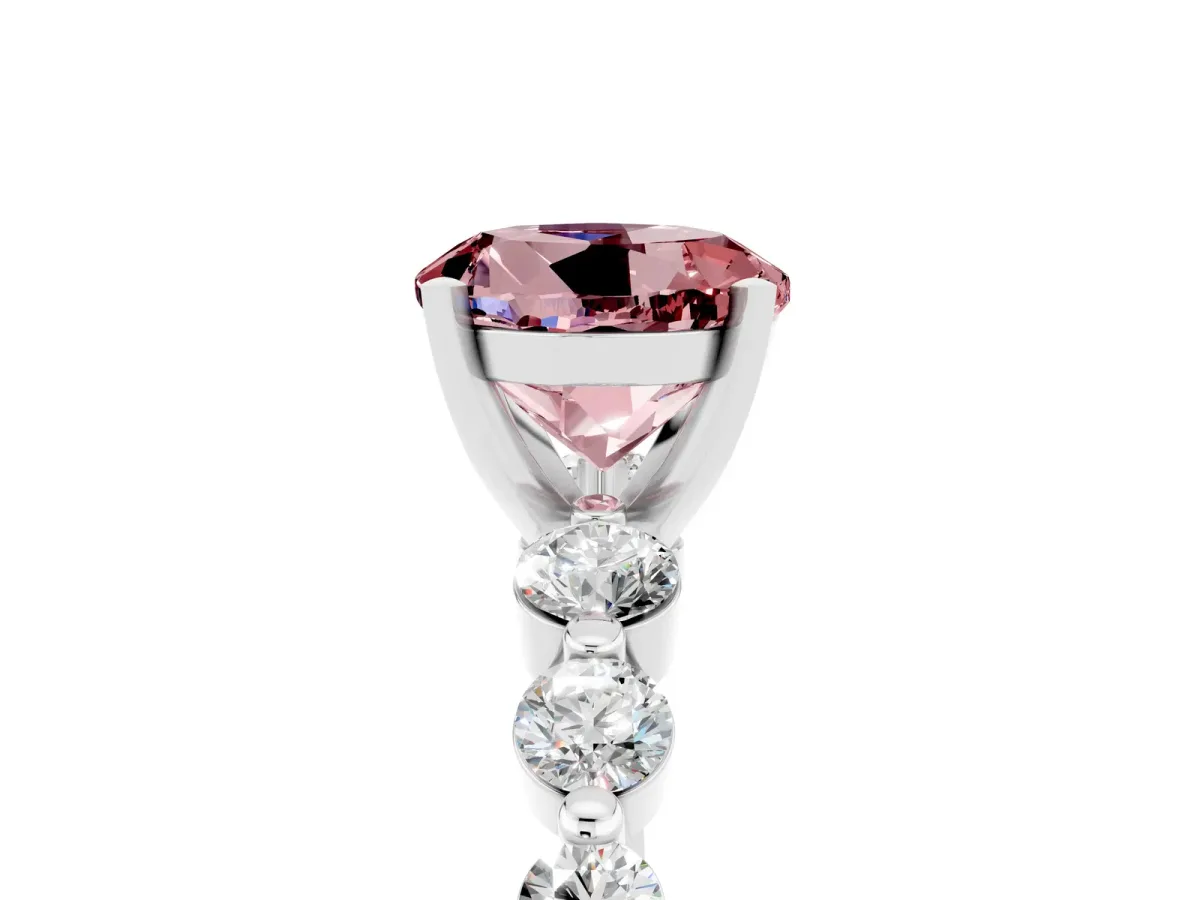 Round Cut Solitaire Morganite Ring with Pave Band and Four-Prong Setting Silver