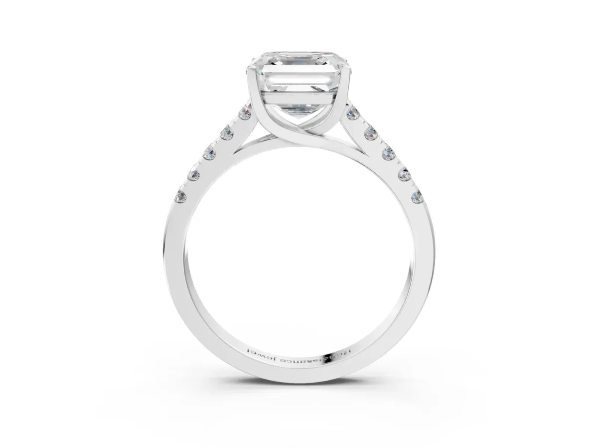 Asscher Cut Diamond Pavé Band Solitaire Ring with Prong Setting Platinum