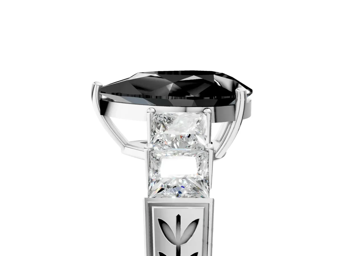 Fancy Black Pear Cut Solitaire Princess Side Stone Engraved Band Prong Setting Ring Platinum