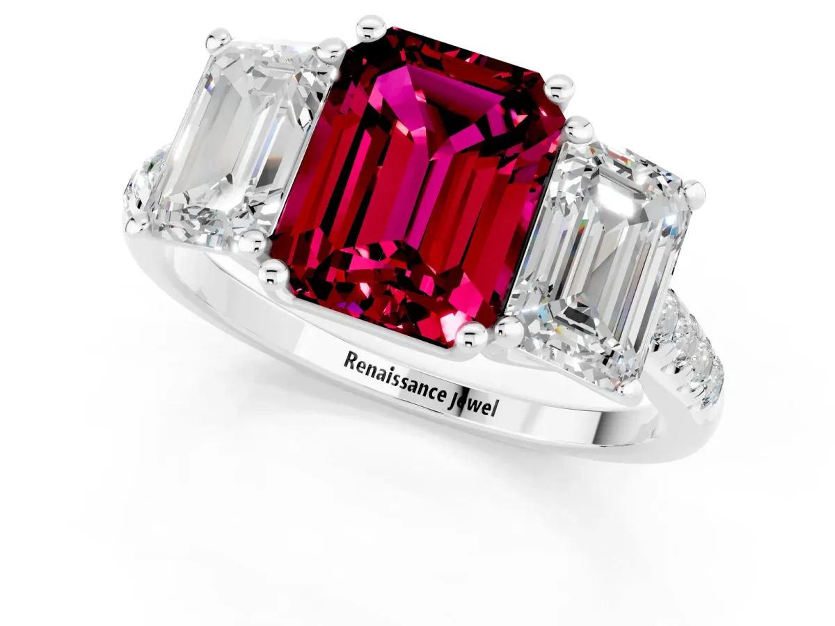 Three-Stone Emerald Cut Garnet Ring with Round Pavé Band and Prong Setting Platinum