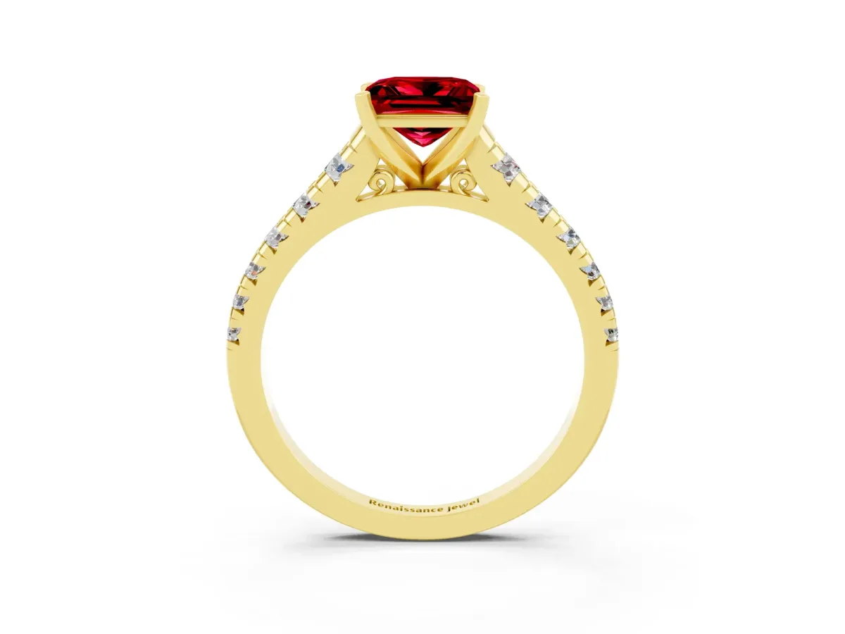 Princess Cut Ruby Cathedral Solitaire Ring with Round Pavé Band Yellow gold