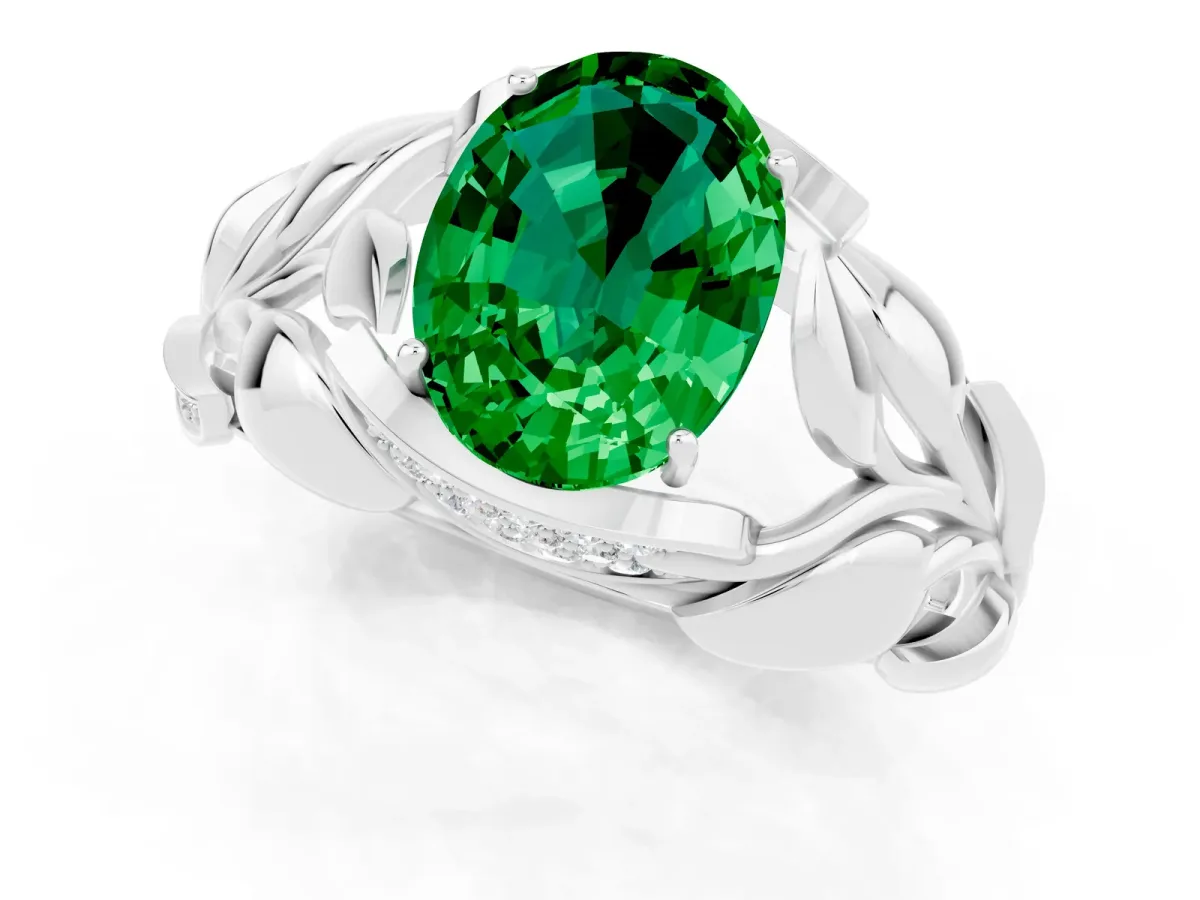 Oval Cut Emerald Leaf-Inspired Engagement Ring with Round Accents and Prong Setting Platinum