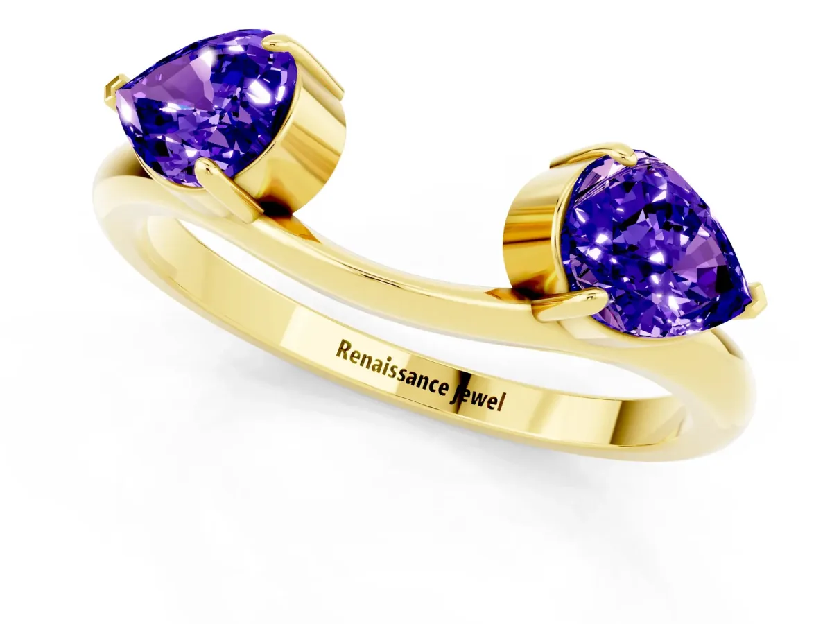 Two-Stone Pear Tanzanite Bypass Ring with Prong Setting Yellow gold
