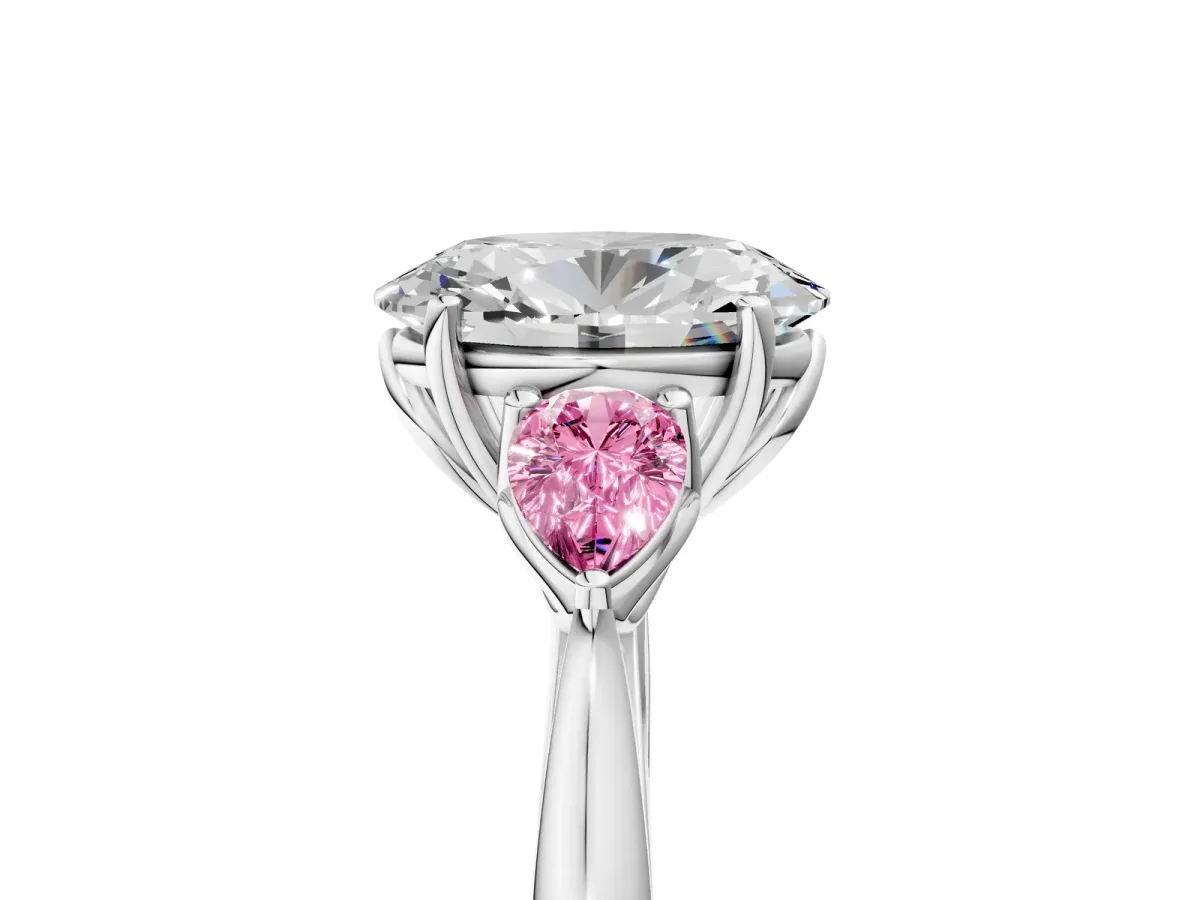 Oval Cut Diamond Three-Stone Ring with Pear Pink Sapphire Side Stones and Prong Setting Silver