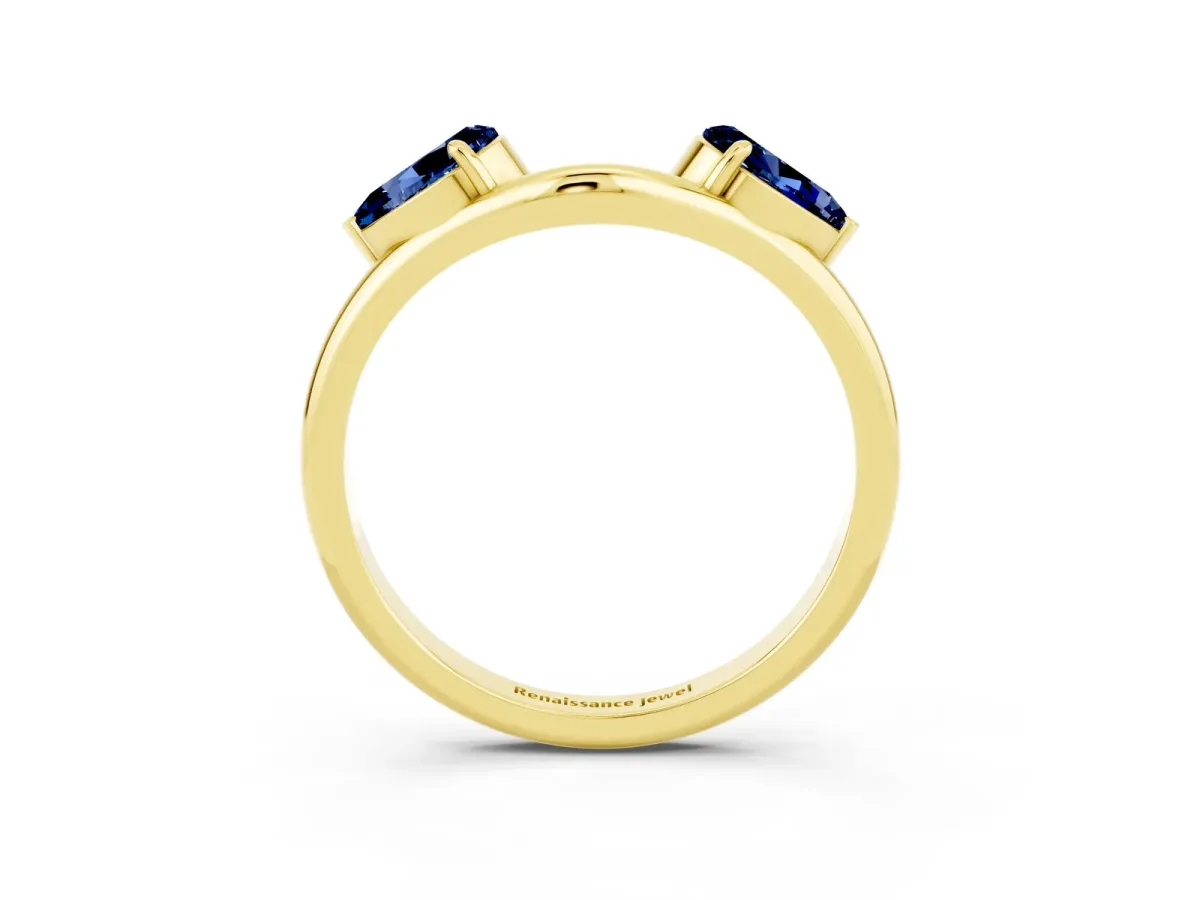 Two-Stone Pear Blue Sapphire Bypass Ring with Prong Setting Yellow gold