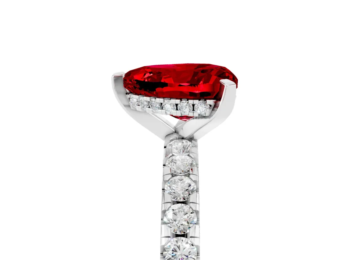 Heart Cut Ruby Solitaire Ring with Round Pavé Band and Four-Prong Setting Silver
