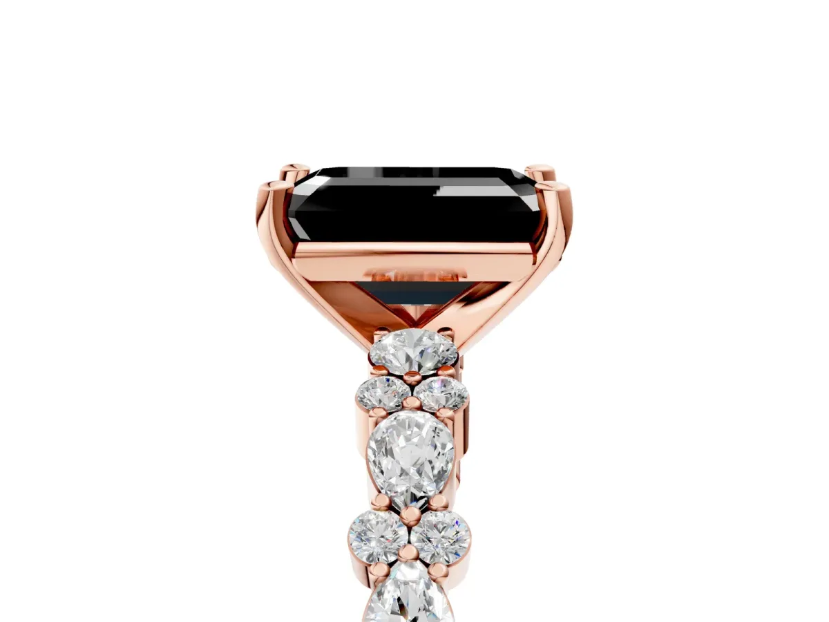 Fancy Black Emerald Cut Diamond Side Stone Solitaire Ring with Round and Four-Prong Setting Rose gold