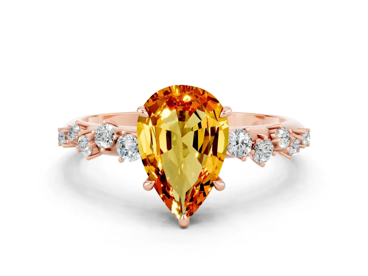 Pear Cut Citrine Cluster Side Stone Solitaire Ring with Prong Setting Rose gold