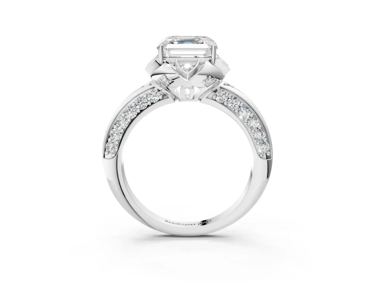 Asscher Cut Halo Split Shank Pave Diamond Ring with Petal Prong Setting Platinum