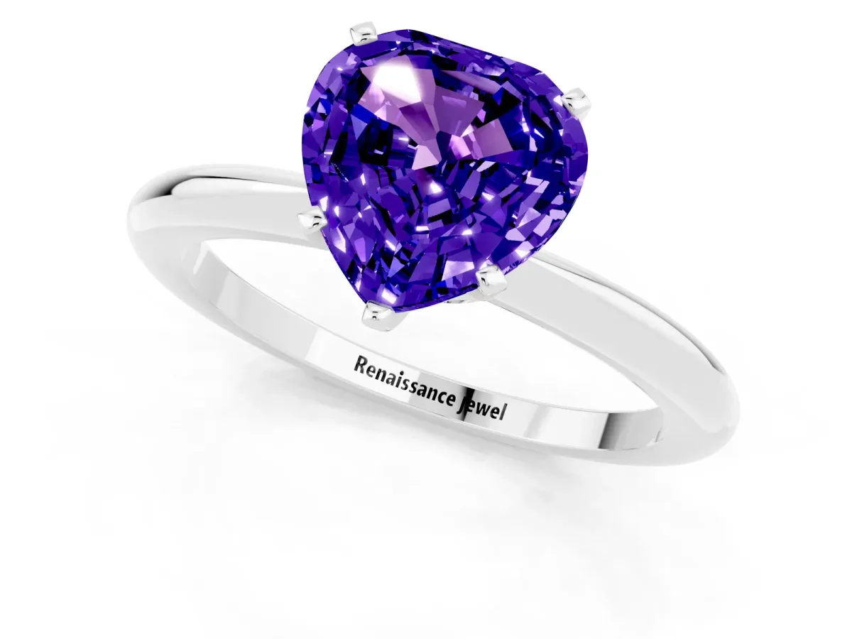 Heart Cut Tanzanite Solitaire Ring with Six-Prong Setting and Classic Band Silver