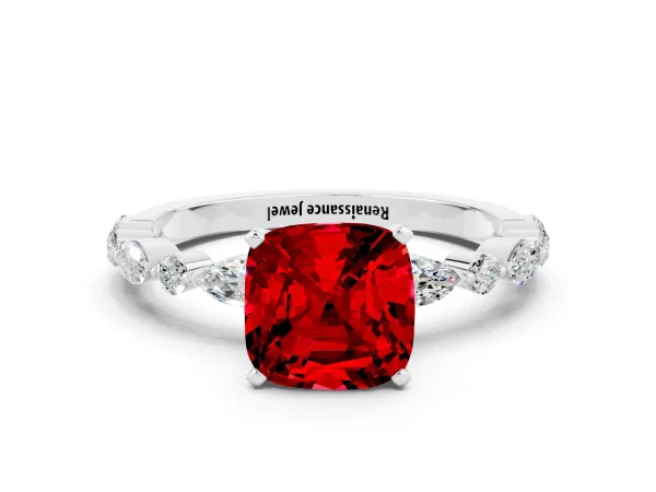 Cushion Cut Ruby Ring with Marquise and Round Side Stones and Four-Prong Setting Platinum