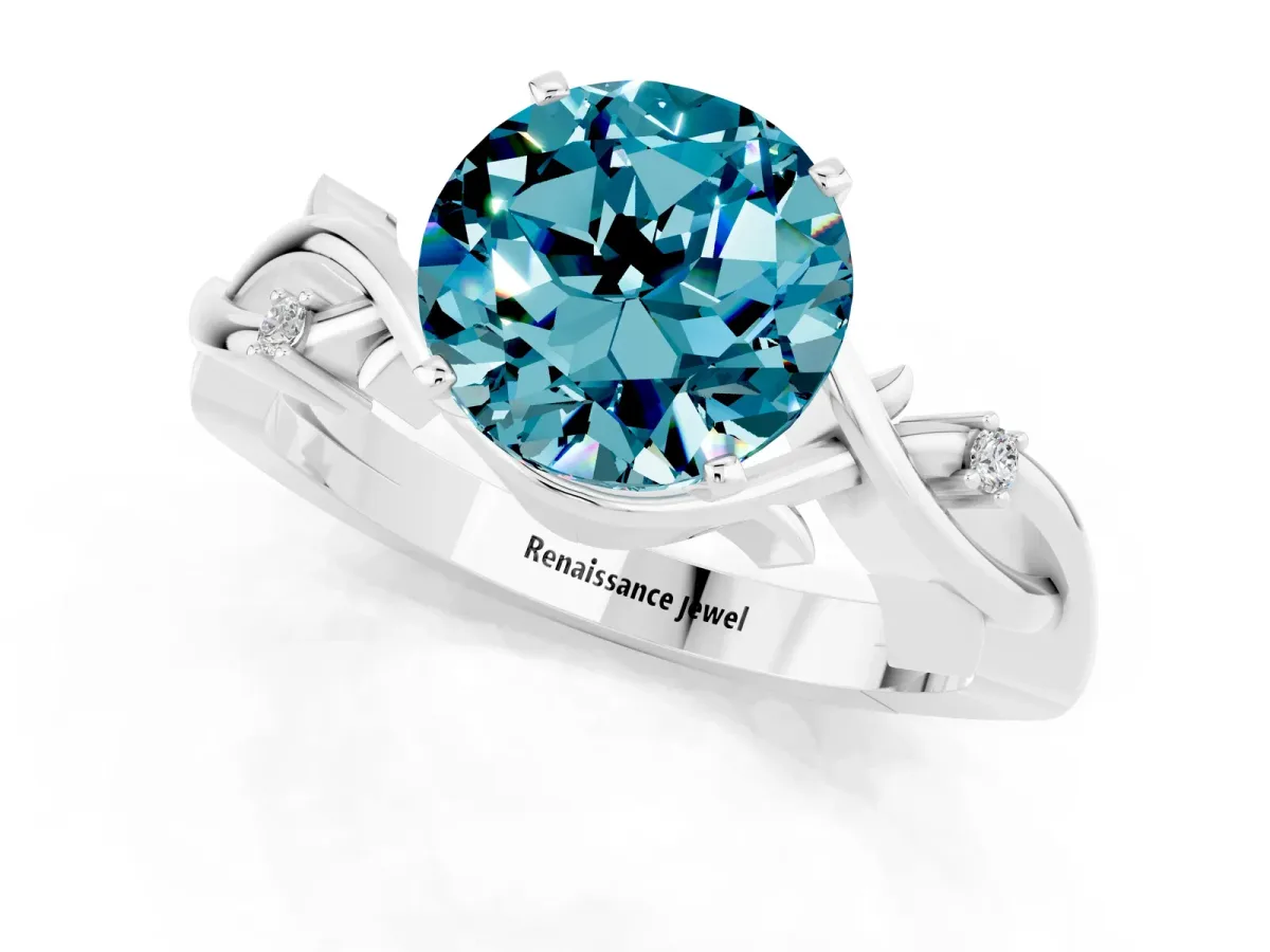 Round Cut Blue Topaz Solitaire Ring with Twisted Band and Prong Setting Platinum