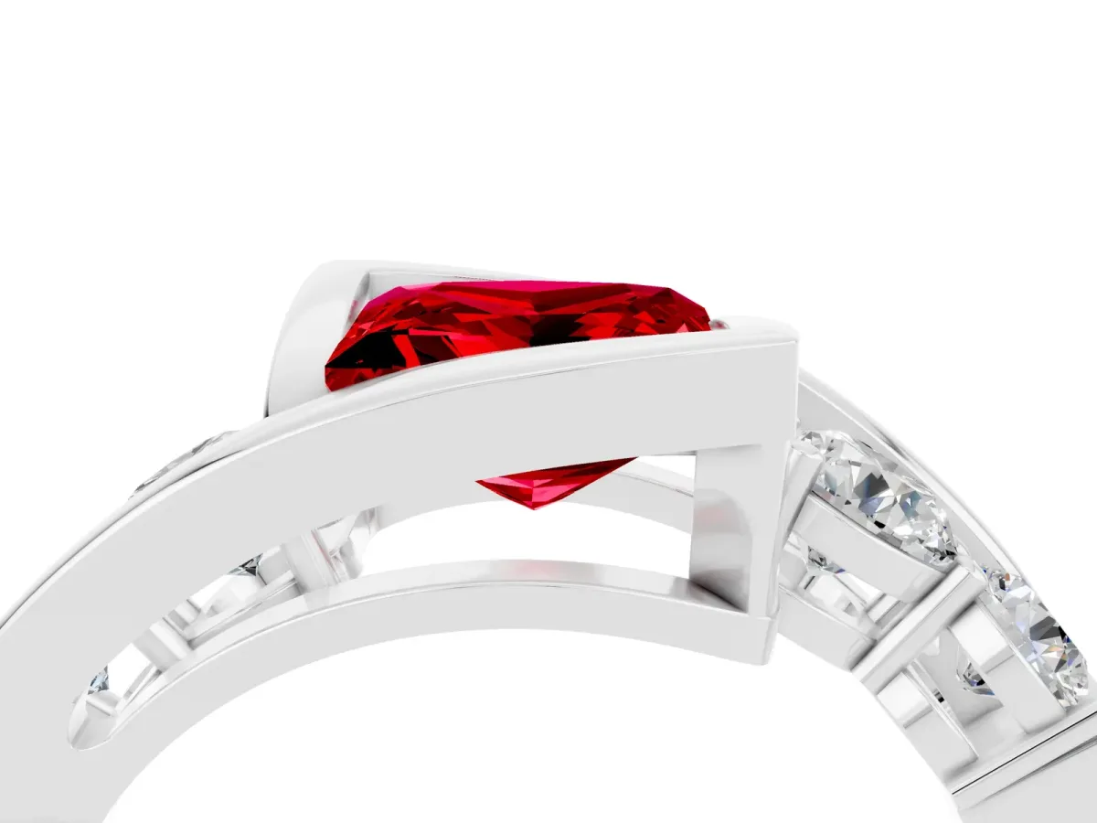 Bezel Set Princess Cut Ruby Bypass Ring with Round Accents Silver