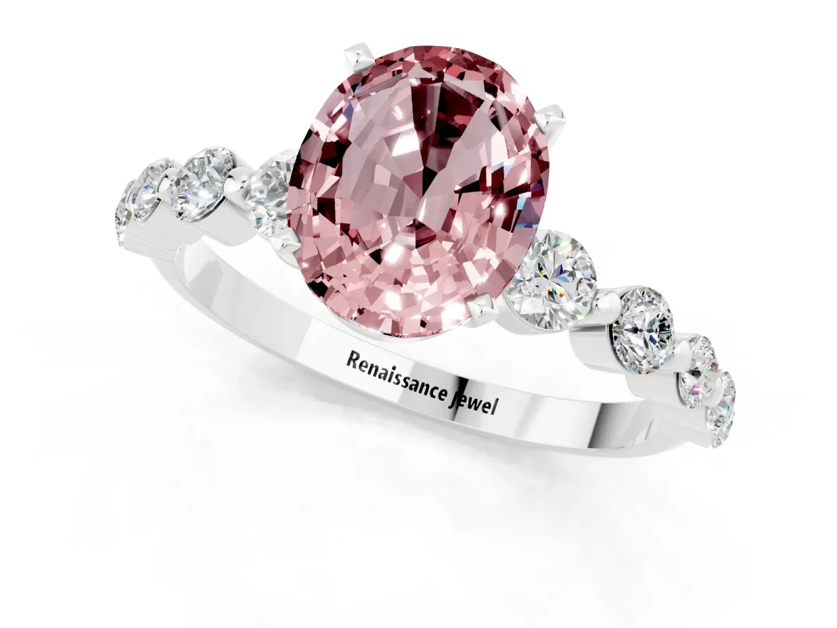 Oval Cut Solitaire Morganite Ring with Pave Band and Four-Prong Setting Silver