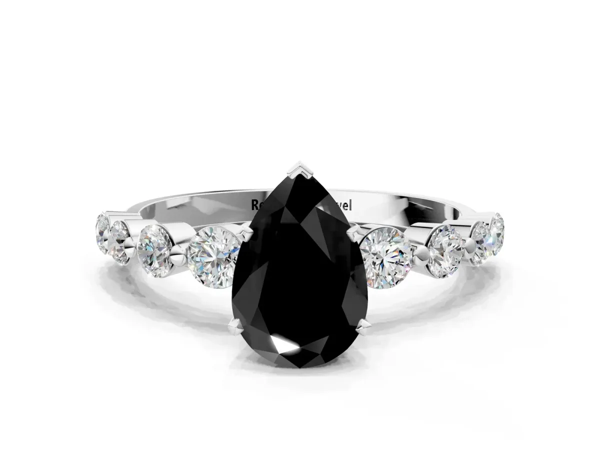 Fancy Black Pear Cut Solitaire Diamond Ring with Pave Band and Four-Prong Setting Silver