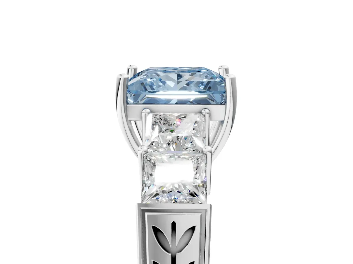 Fancy Blue Princess Cut Solitaire Princess Side Stone Engraved Band Prong Setting Ring Platinum