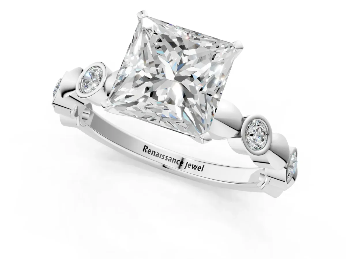 Princess Cut Solitaire Bezel-Set Diamond Ring with Beaded Band and Four-Prong Setting Silver