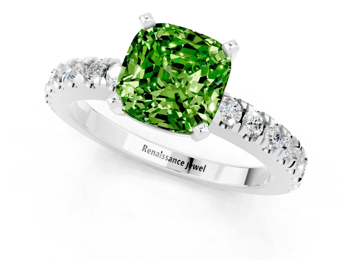 Cushion Cut Solitaire Peridot with Pavé Band and Four-Prong Setting Silver