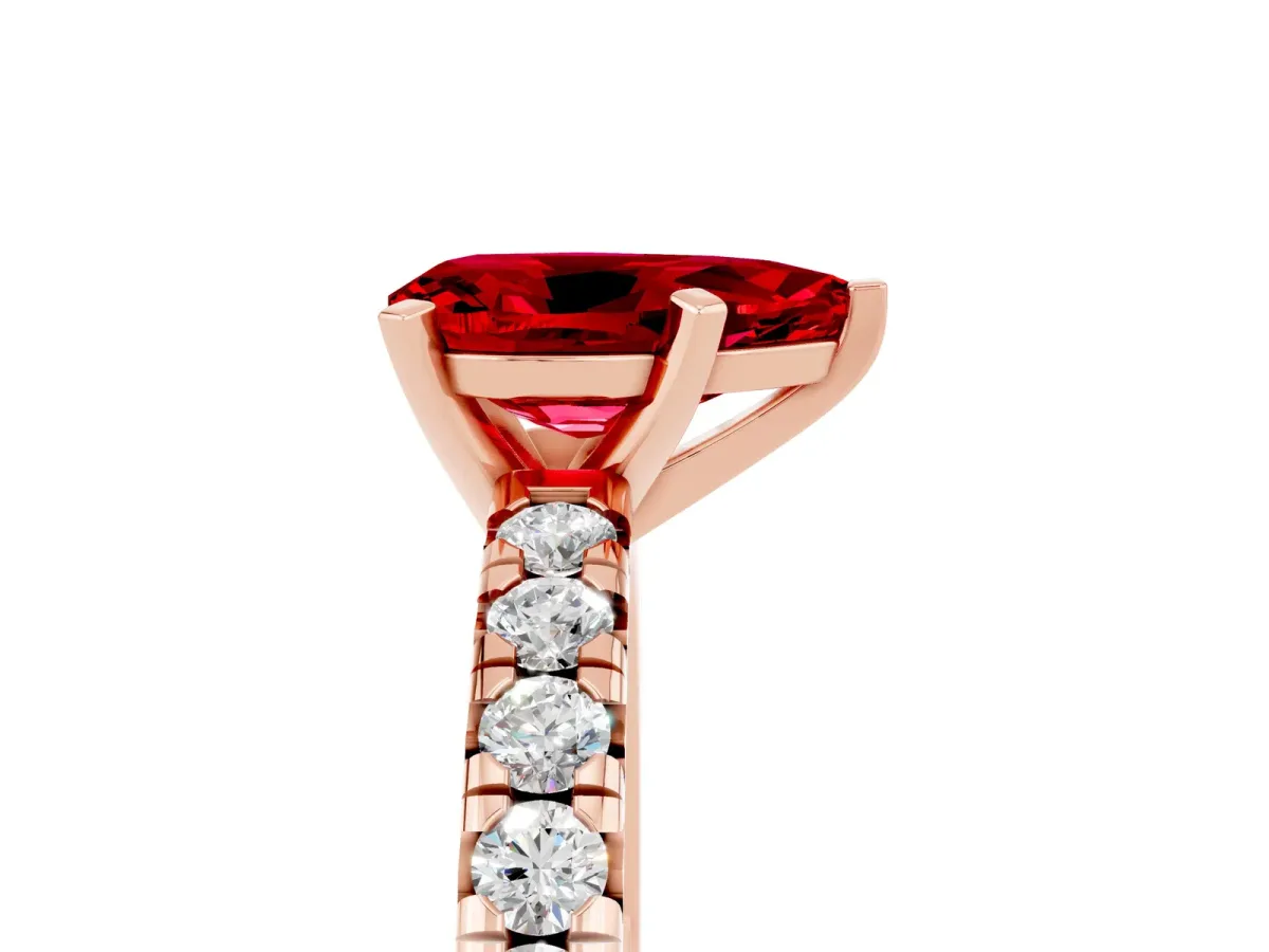 Pear Cut Ruby Solitaire Pavé Engagement Ring with Round Band and Prong Setting Rose gold