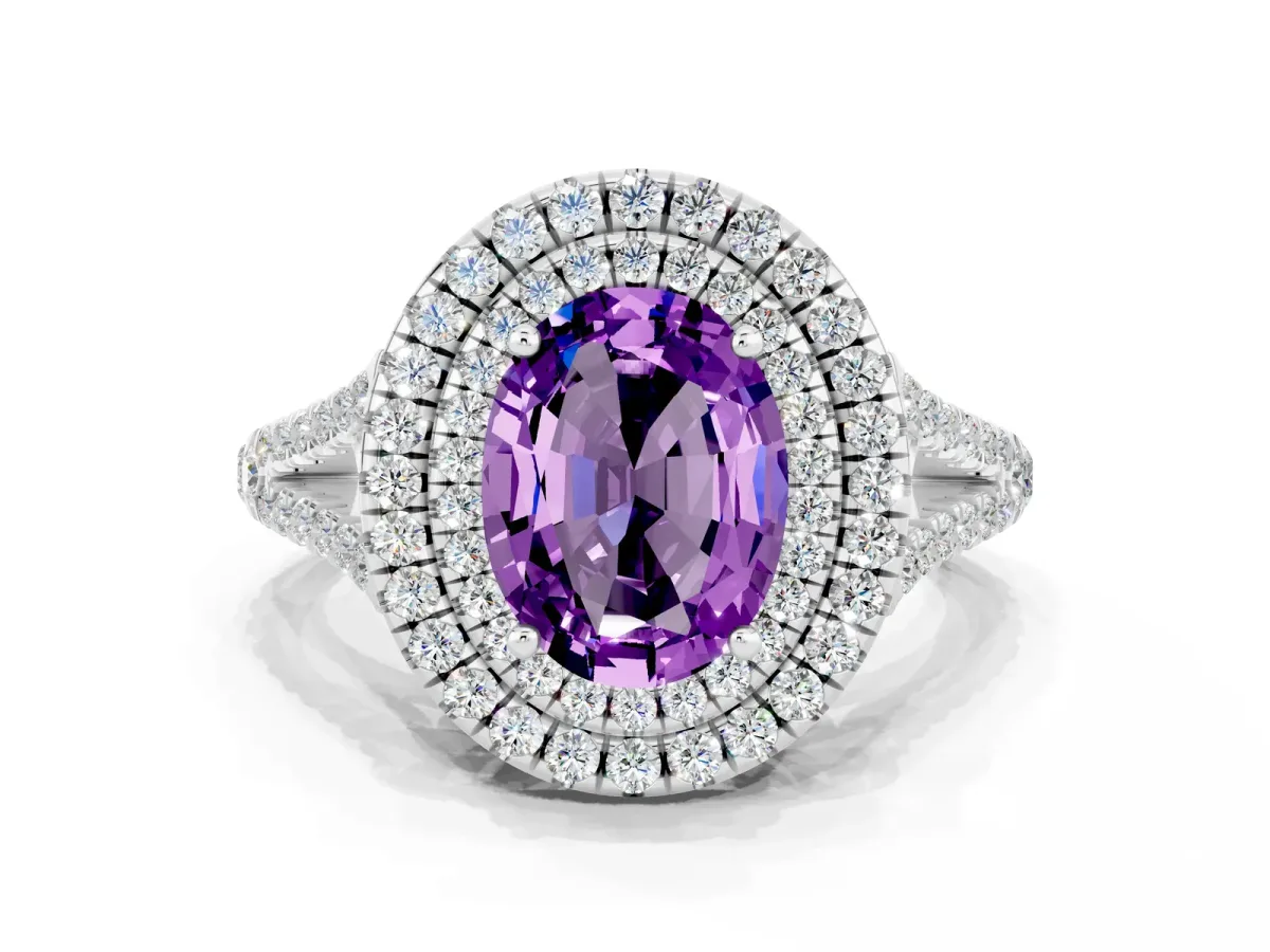 Oval Cut Amethyst Double Halo Ring with Pavé Band and Prong Setting Silver