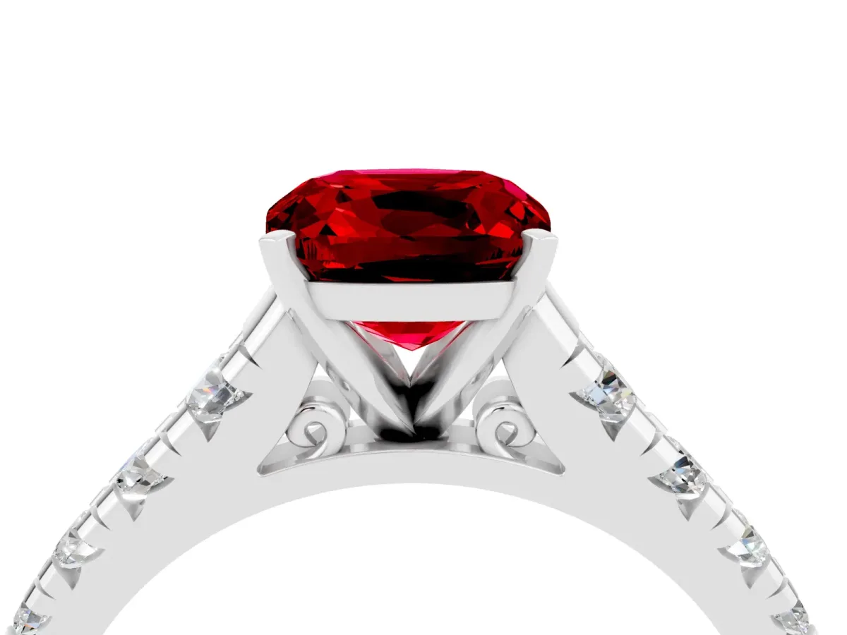 Cushion Cut Ruby Cathedral Solitaire Ring with Round Pavé Band White gold