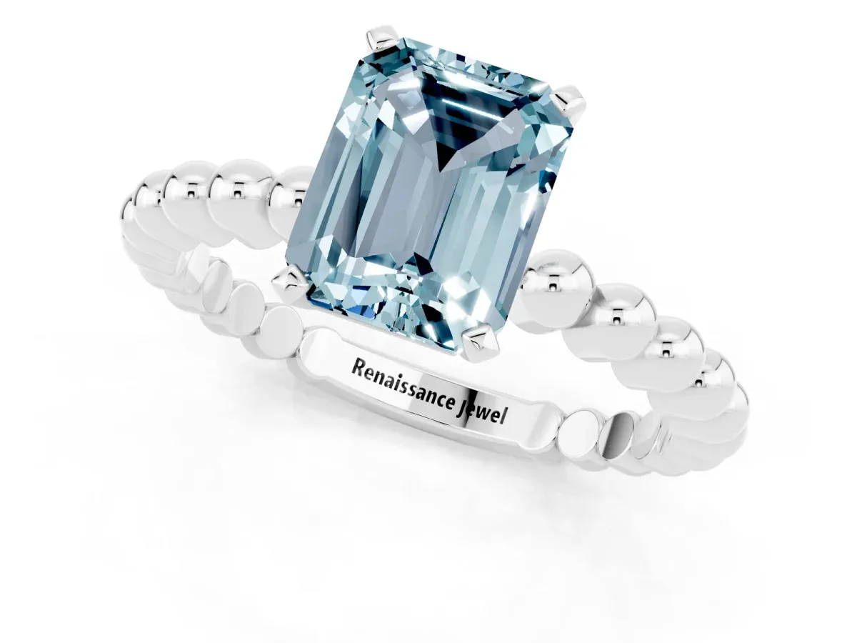 Emerald Cut Aquamarine Solitaire Ring with Beaded Band and Prong Setting Silver