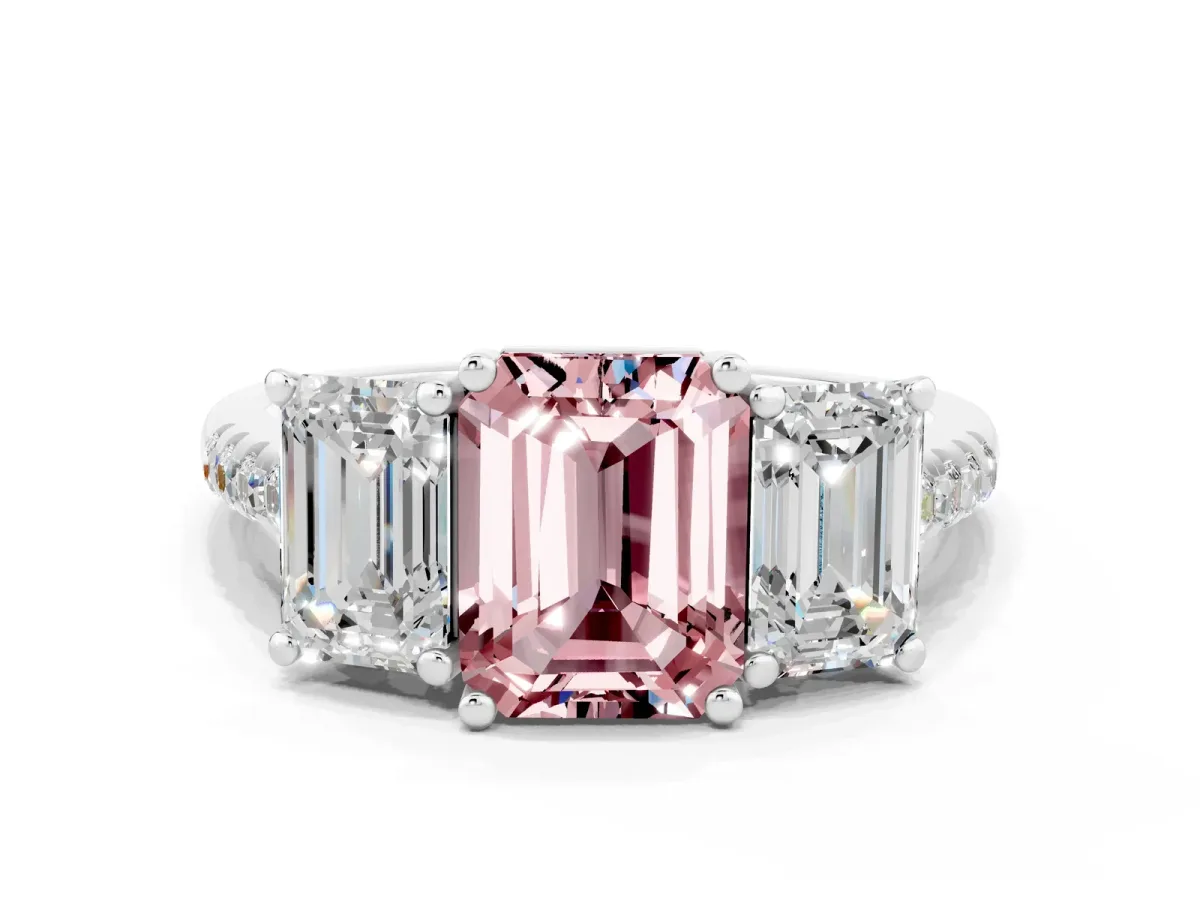 Three-Stone Emerald Cut Morganite Ring with Round Pavé Band and Prong Setting Silver