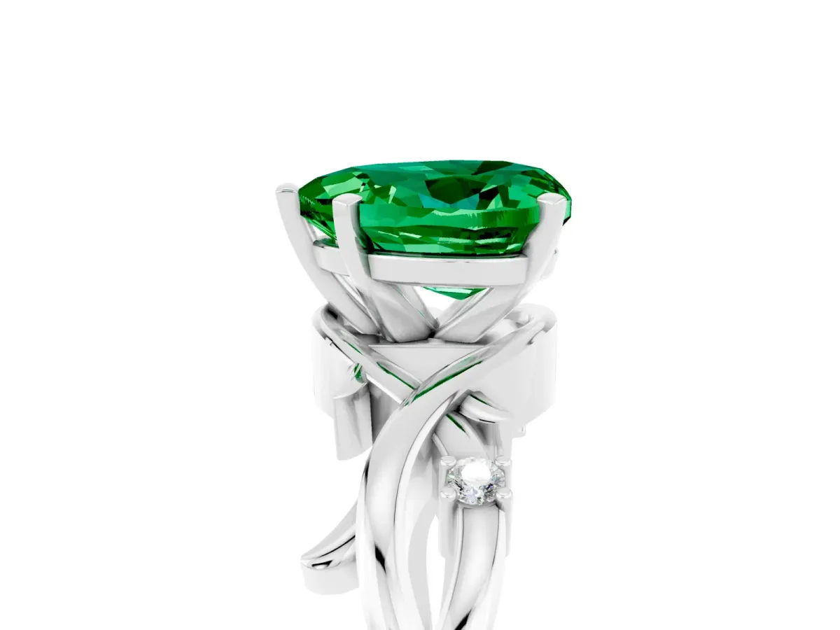 Heart Cut Emerald Solitaire Ring with Twisted Band and Prong Setting Platinum