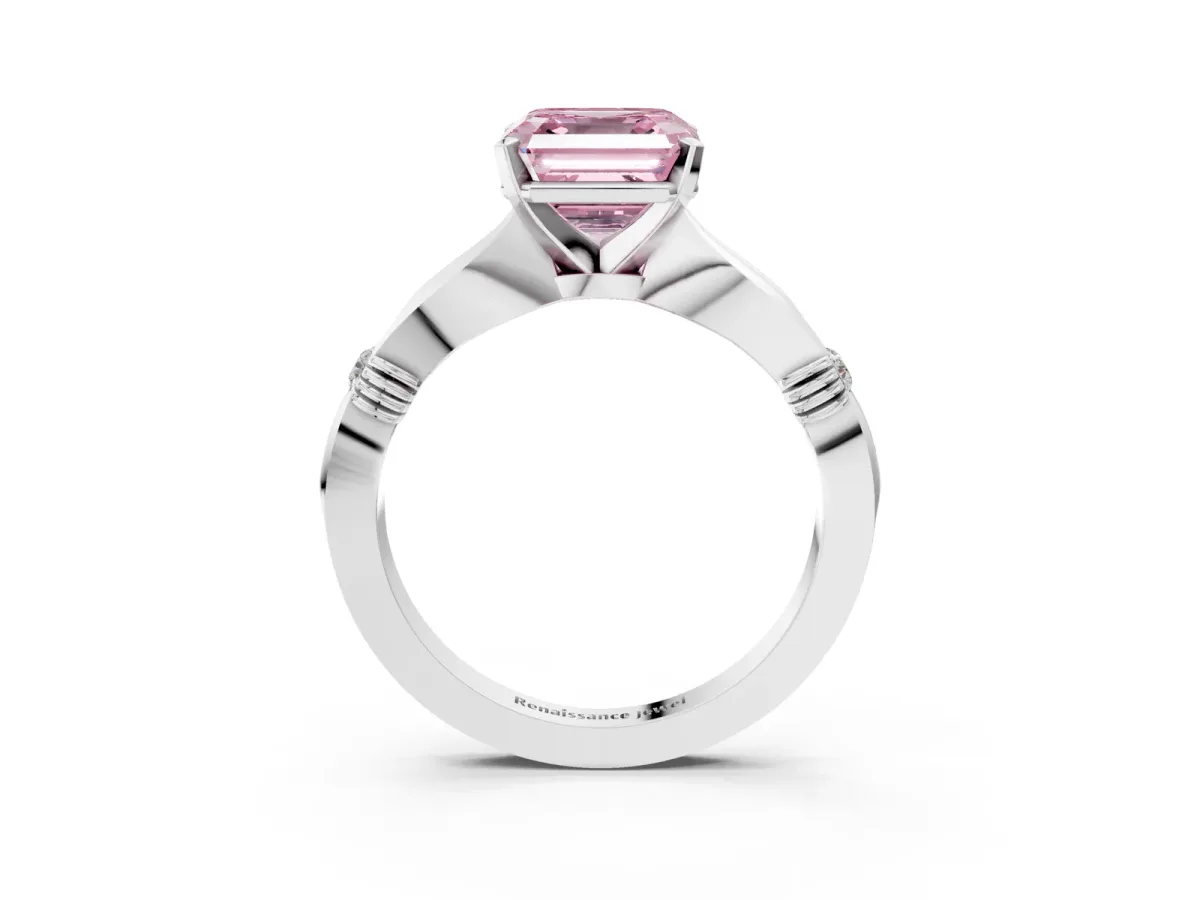 Fancy Pink Asscher Cut Solitaire Diamond Twisted Band with Four-Prong Setting Platinum