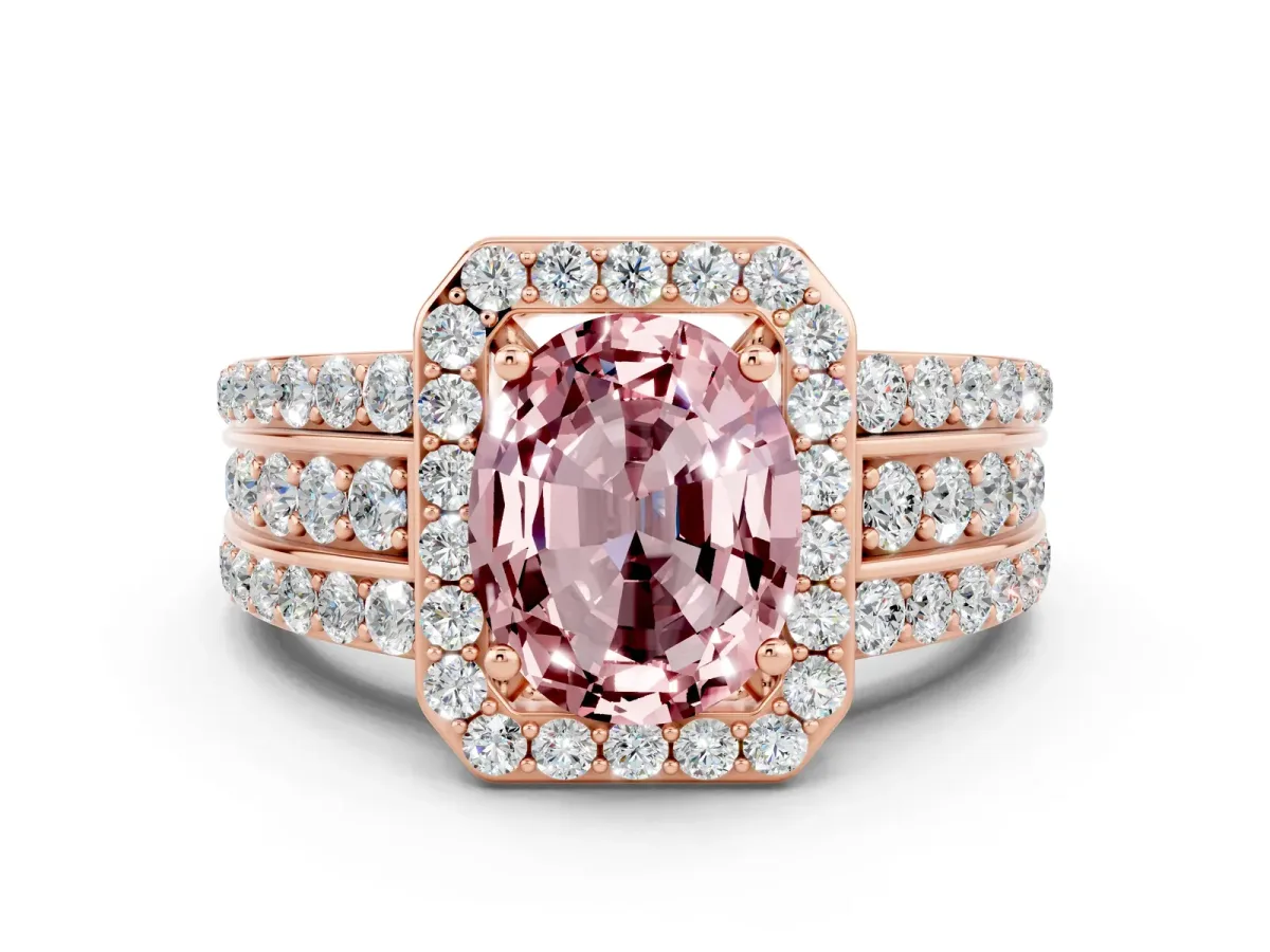 Oval Cut Halo Morganite Ring with Round Split Shank and Prong Setting Rose gold