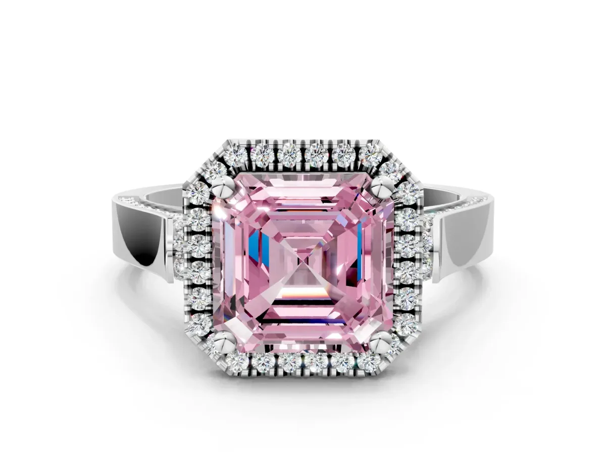 Fancy Pink Asscher Cut Halo Pave Split Shank Prong Setting Ring Platinum