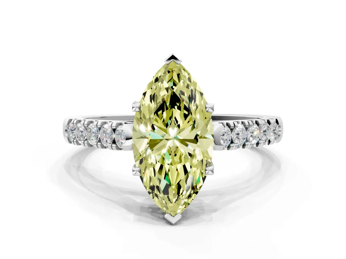 Fancy Yellow Marquise Cut Diamond Pavé Band Solitaire Ring with Prong Setting Silver