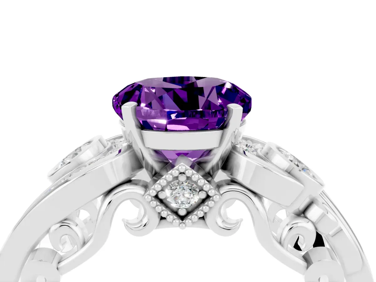 Round Cut Amethyst Solitaire Ring with Milgrain Pavé Band and Four-Prong Setting Silver