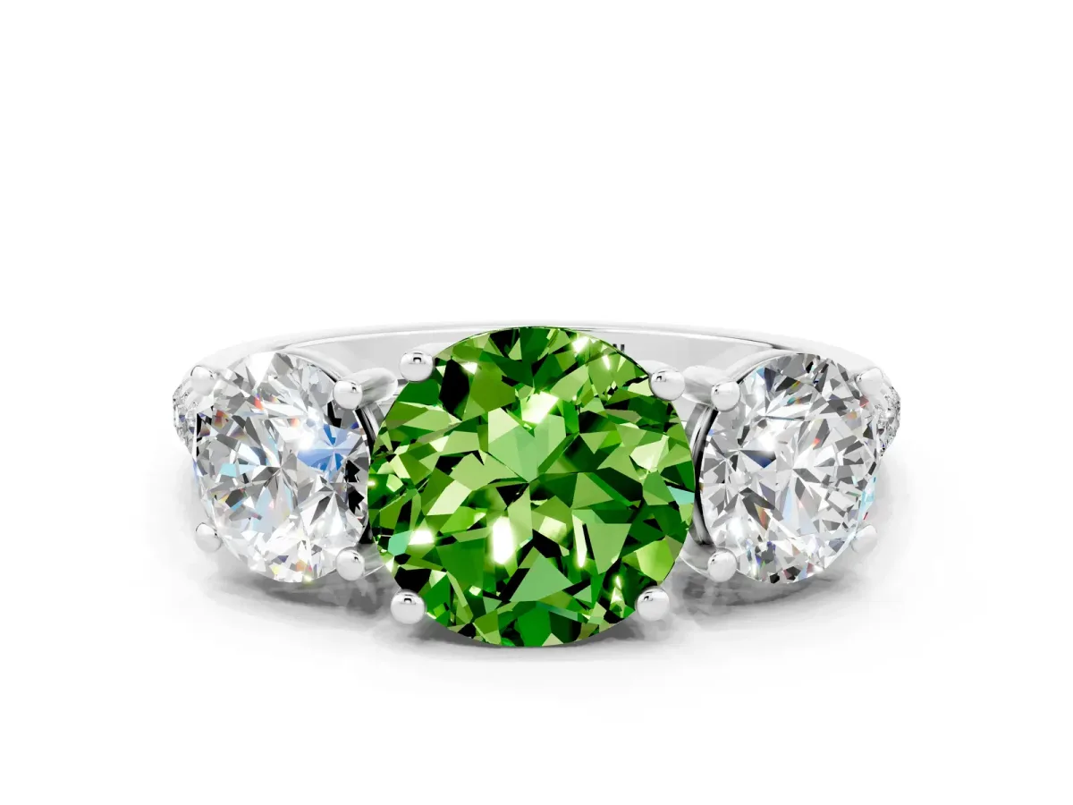 Three-Stone Round Cut Peridot Ring with Round Pavé Band and Prong Setting Silver