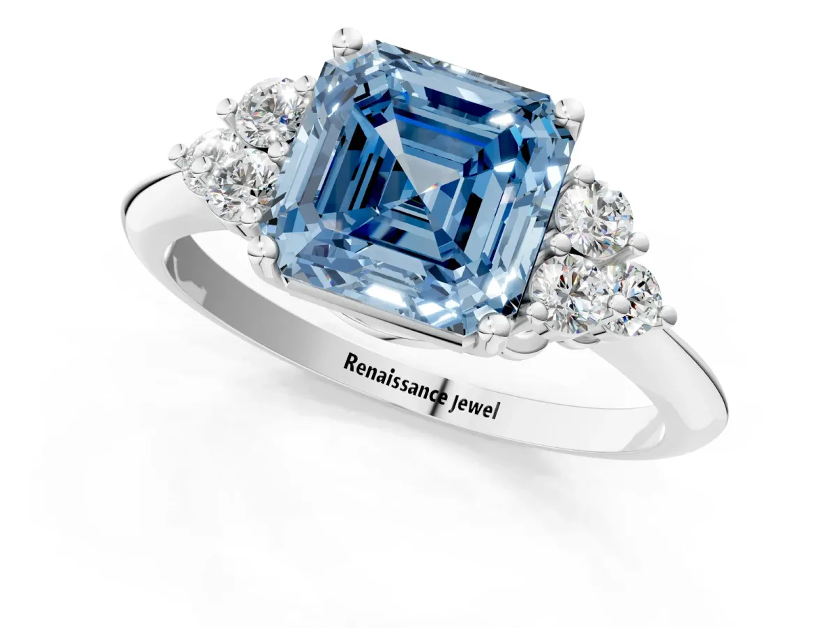 Fancy Blue Asscher Cut Cut Diamond Cluster Ring with Solitaire Band and Four-Prong Setting Platinum