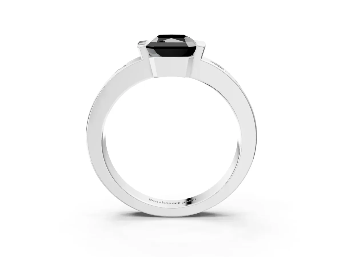 Fancy Black Radiant Cut Brilliant Channel-Set Diamond Ring with Bezel Prong Setting Platinum