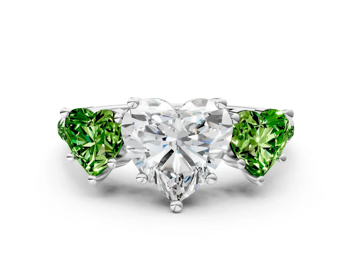 Three-Stone Heart Cut Diamond Ring with Round Peridot Pavé Band and Prong Setting Silver