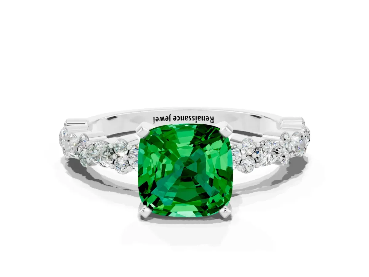 Cushion Cut Emerald Side Stone Solitaire Ring with Round and Four-Prong Setting Platinum